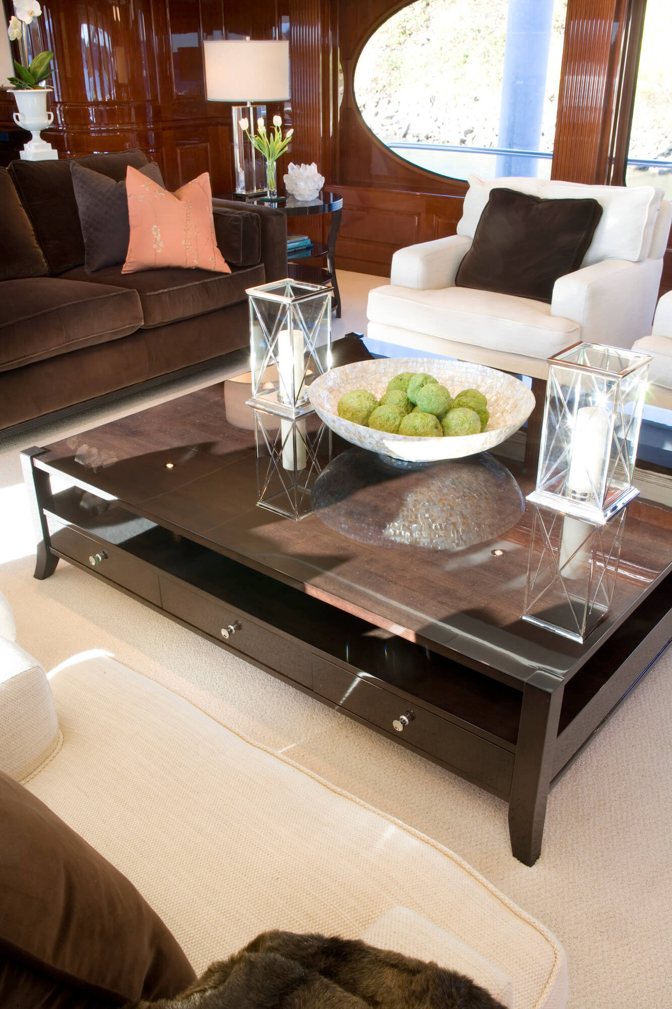 Marathon luxury yacht seating area with coffee table