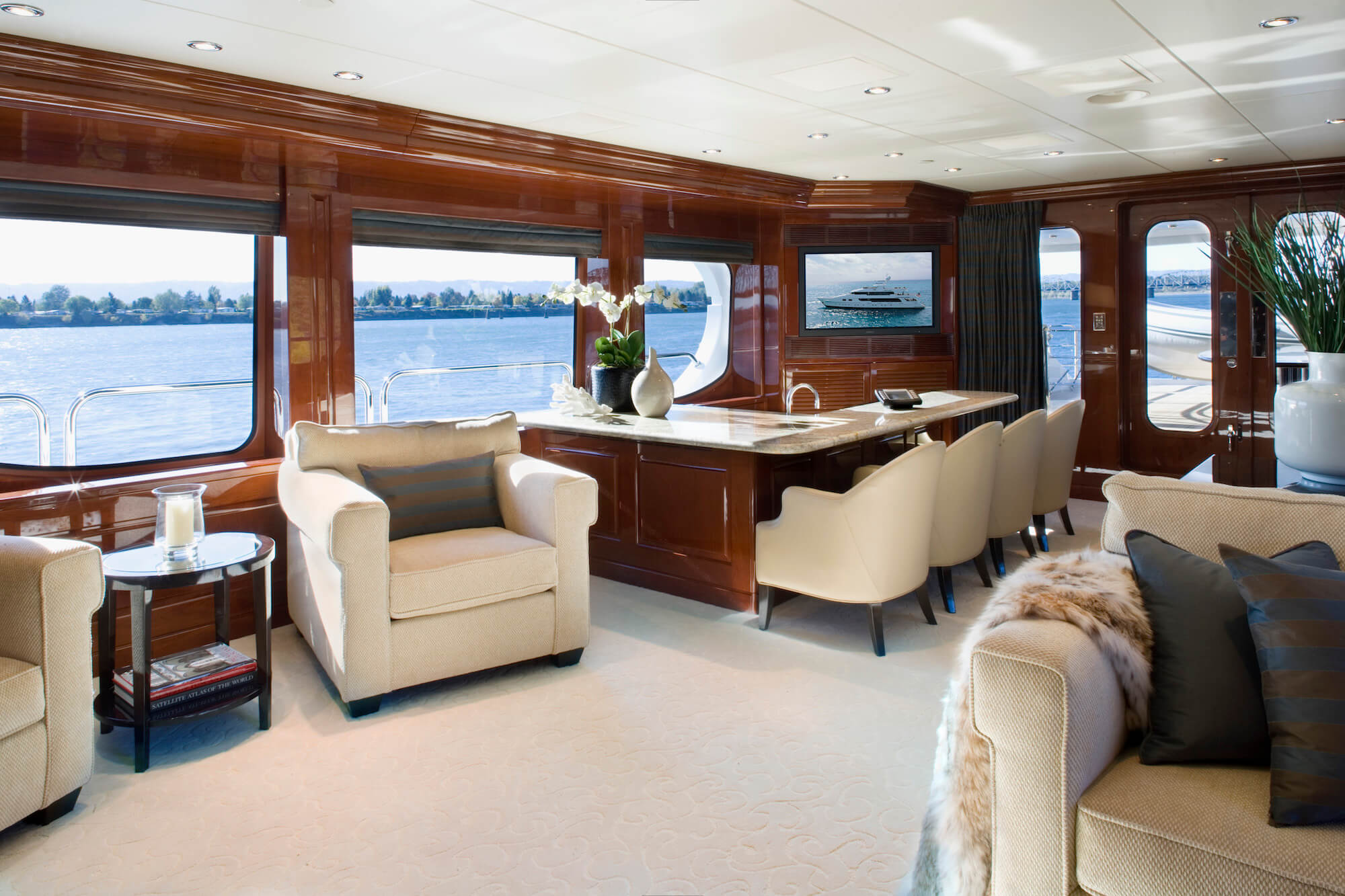 Marathon luxury yacht seating area with exterior view
